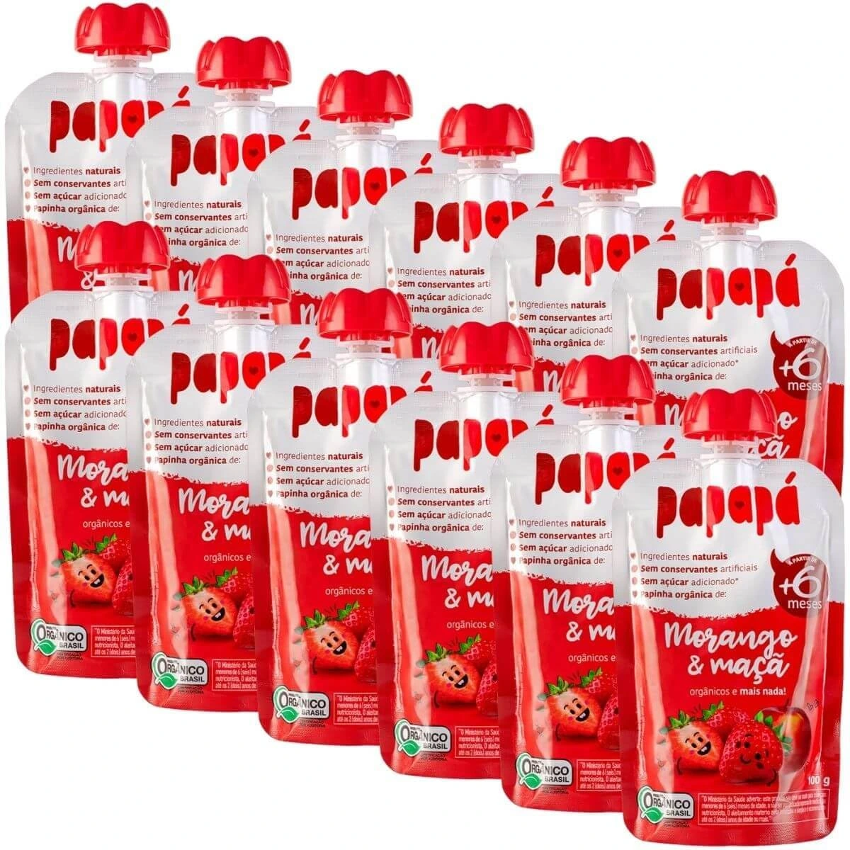 Kit 12 Papinha Orgânica Morango e Maçã Sem Açúcar 100g - Papapá