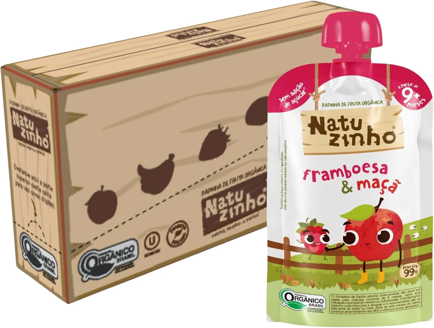 Natuzinho, Kit com 12 Papinhas Orgânicas para Bebê, Sabor Maçã e Framboesa